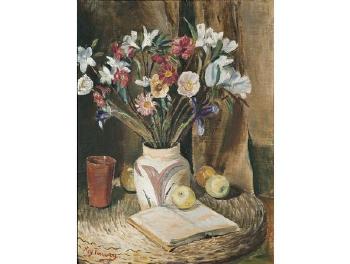 Still life with flowers, apples and a book by 
																	Reginald Turvey