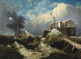 A steamer at a pier in a storm by 
																	Joseph Karl Bertholf Puettner