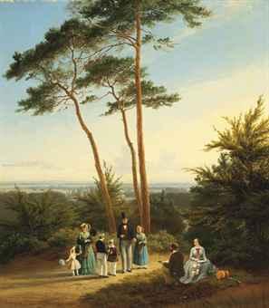 The artist painting his family in a wooded landscape by 
																	Pierre Louis Dubourcq