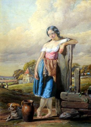 Peasant girl and her dog collecting water, in a rural landscape by 
																	Michael Angelo Wageman