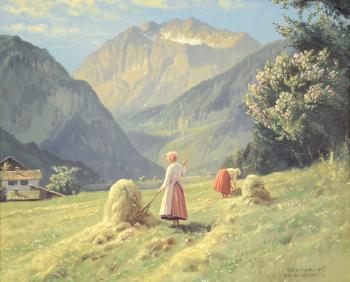 Haying scene with two women in an alpine meadow by 
																	Niels Walseth