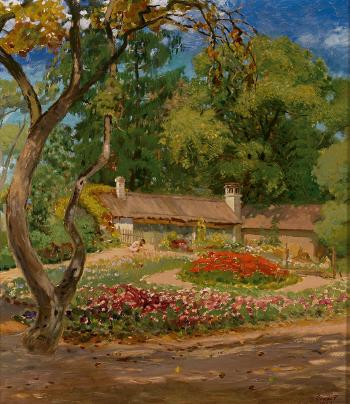 Parklandschaft mit malerischem Haus und blühenden Blumenbeeten by 
																	Ferenc Orsos