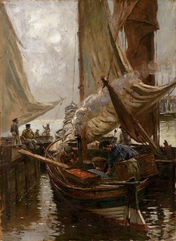Fischerboote im Hafen mit Figurenstaffage. Morgenstimmung by 
																	Friedrich Raupp