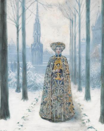 Dame im Ornat mit Monstranz in verschneitem Park. by 
																	Horace de Callias