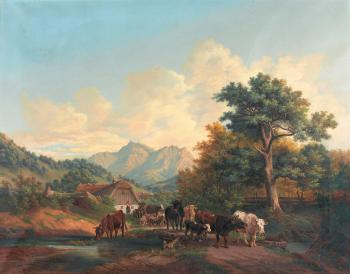Sommerliche Landschaftspartie mit Kühen und Schafen. by 
																	Aloys Abyberg