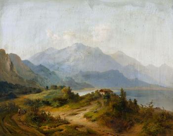 Bergsee mit Haus und Holzsammler. by 
																	Carl August Aerttinger