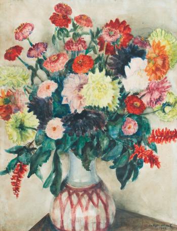 Blumenstrauss in rot-weiss gemusterter Vase. by 
																	Carlo Vitale