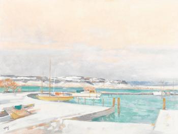 Winterlicher Hafen von Murten. by 
																	Emil Aebischer