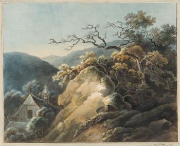 Kapelle bei Mondschein in dicht bewachsener Gebirgslandschaft by 
																	Johann Gottlob Samuel Rosel
