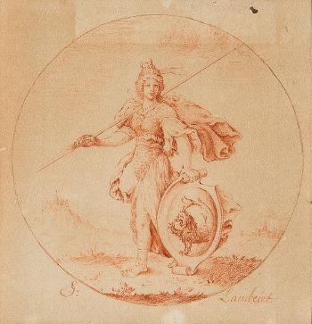 Geharnischte Kriegerin mit Wappenschild in Rund by 
																	Samuel Lambelet