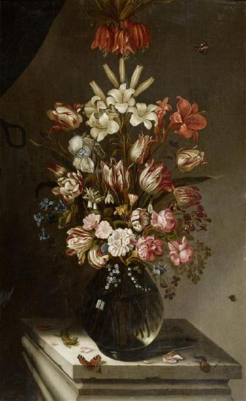Blumenstilleben in einer Glasvase mit Eidechse und Schmetterling by 
																	Jan Baptist van Fornenburgh