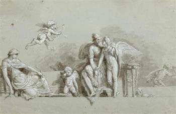 Mythologische Szene mit Eros und seinen Eletern Ares und Aphrodite by 
																	Constant Vaucher