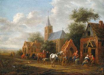 Rastende Reiter vor einer Dorfschenke by 
																	Cornelis van Essen