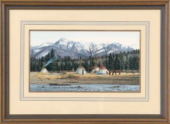 Native American camp by a river by 
																	Paul Surber