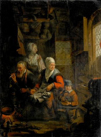 Köksinteriör med familjescen by 
																			Abraham de Pape