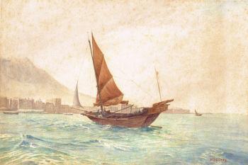 A junk in Hong Kong harbour by 
																	Henry George Gandy