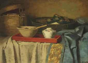 A still life with bowls on a draped table by 
																	Marie E van Regteren Altena