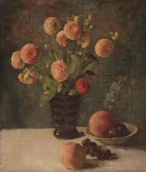 A still life with flowers and fruits by 
																	Georg Rueter