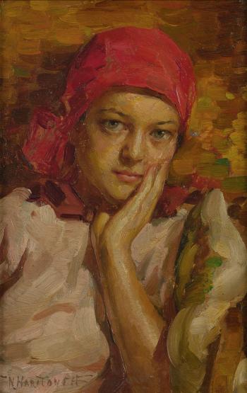 Portrait Of a Girl In a Red Scarf by 
																	Nicholas Basil Haritonoff