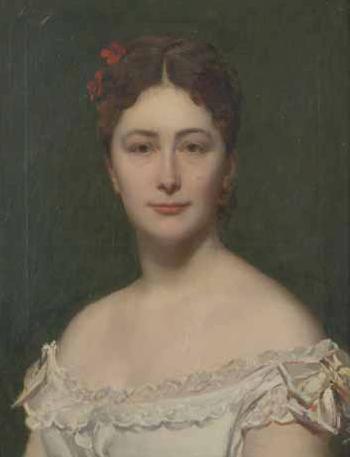 Portrait en buste de femme en robe blanche, les épaules découvertes, deux fleurs rouges dans sa chevelure châtain by 
																	Philippe Parrot