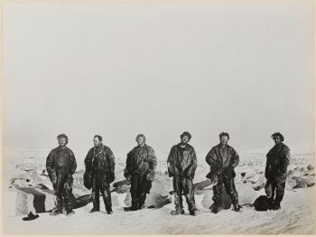 The celebrated group photograph taken by Dr. Murray Levick of the Northern Party outside the ice cave in which they has survived the Antarctic winter by 
																	George Murray Levick