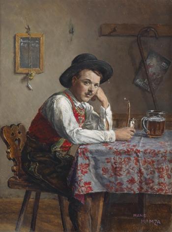 Smoking a pipe. Reading a letter, in a rural interior by 
																	Hans Hamza