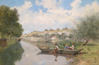 Boys on the river by 
																	Gustave Cesaire Garaud