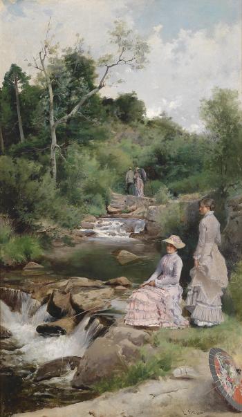Two anglers with parasol by the stream by 
																	Enrique Estevan