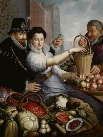Portrait of an aristocratic couple as vegetable sellers by 
																	Jean Baptiste de Saive