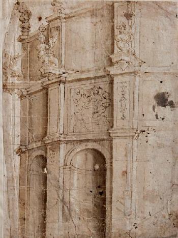 Projet d'architecture à pans octogonaux à trois niveaux avec niche au niveau inférieur. Études de têtes by 
																	Antonio da Sangallo