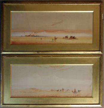 Desert landscapes with Arabs and camels by 
																			Henry S Lynton