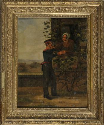 Ein Liebespaar trifft heimlich am Fenster zusammen, um sich auszutauschen by 
																	Georg Friedrich Kersting