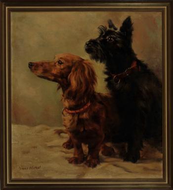 Doppelportrait eines Dachels und eines Scotch Terriers by 
																	Hans Nickel