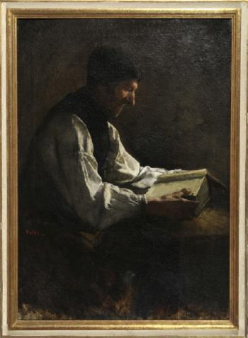 In Kerzenschein - Ein alter Mann sitzt lesend mit einem dicken Buch auf dem Schoss in einem Sessel by 
																	 Voltz
