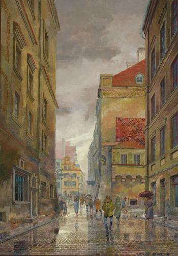 Rainy Street Scene in Warsaw by 
																	Witold Kalicki