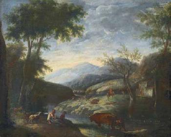 Paesaggio lacustre con pastore e pescatori. Paesaggio campestre con pastorella e armenti by 
																			Ernesto Daret