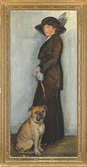 A full length portrait of an elegant lady with her dog by 
																	Mogens Gad