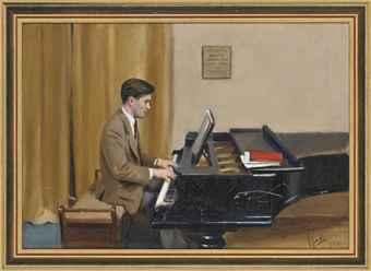 Portrait of teacher Edward Willerton at the piano by 
																	Carlos Sancha