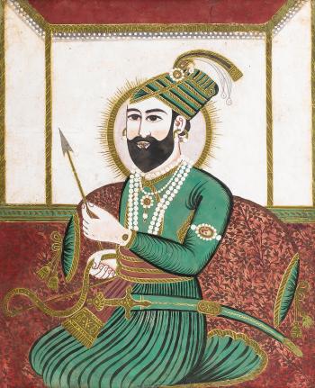 The tenth Sikh Guru Govind Singh seated against a bolster underneath a canopy by 
																	 Northern Indian School