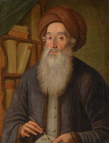 Rabbi Meir Crescas Wearing a Grey Jacket And a Turban, Holding a Quill And Open Book, Beside a Bookshelf by 
																	F W Gute
