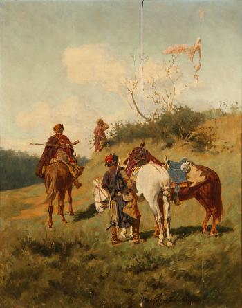 Cossacks on a lookout with horses by 
																			Wladyslaw Karol Szerner