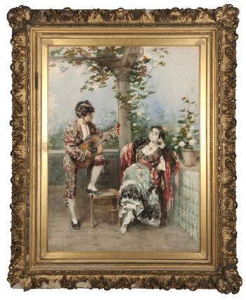 Musician and lady on a terrace by 
																			Gabriel Puig-Roda