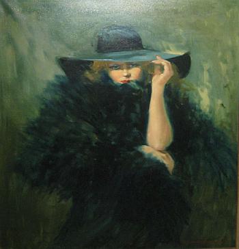 Vrouw met boa en hoed by 
																	Louis van der Beesen