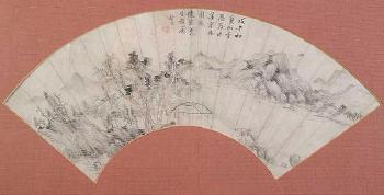 Fächerblatt mit Darstellung einer Landschaft mit Pavillon by 
																	 Gan Bai