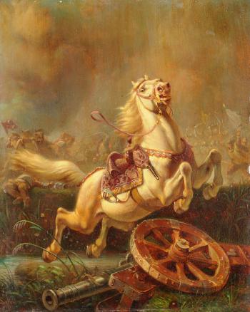 Aus dem Schlachtengetümmel flüchtendes Pferd by 
																	Albert Landerer