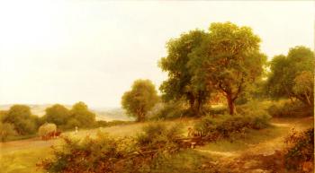 Harvest time on the Downs - an extensive landscape by 
																	Robert Robin Fenson