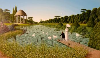 A lake scene with swans, a woman and boy on a jetty - possibly Graves Park, Sheffield by 
																	Peter Szumowski