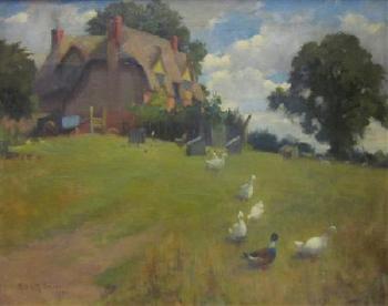 Geese in a Cottage Garden by 
																	Samuel G Enderby