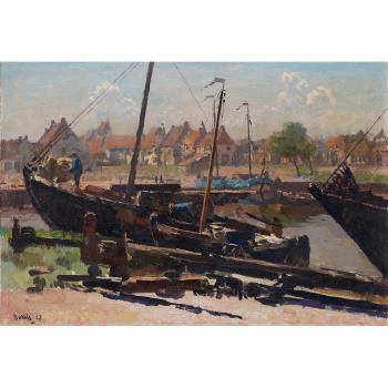 Boatmen working at a pier by 
																	Reinier Sybrand Bakels