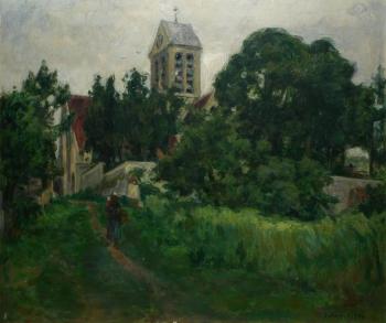 Paysanne au chemin devant l'église by 
																	Germain David-Nillet